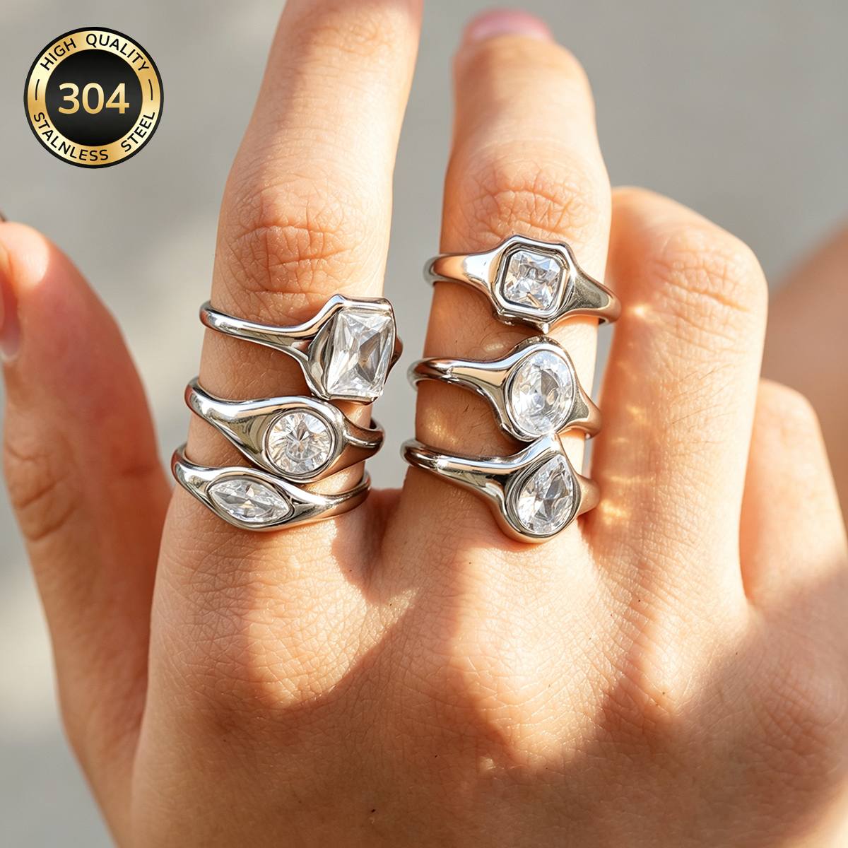 Women's Light Luxury Multi-Shape White Zircon Stainless Steel Ring